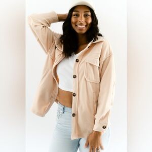 Zenana All About the Fleece Lightweight Button-Down Shacket soft peach medium